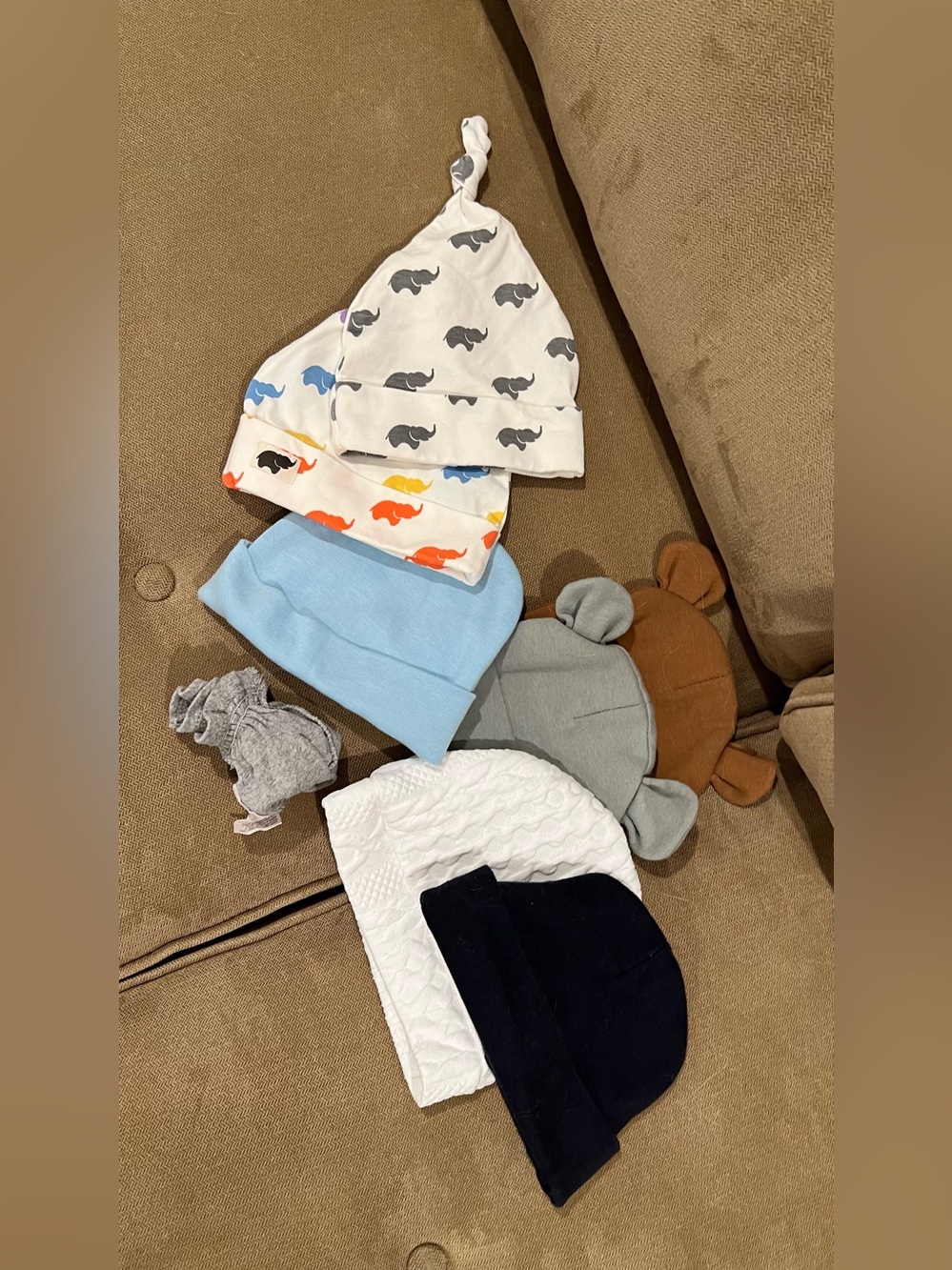 7 Assorted Baby Knit and Cotton Hats - Blue, White, Gray, Brown, Black